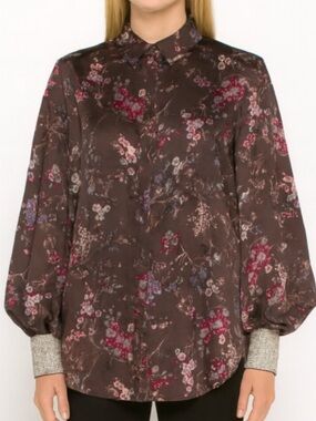 cinq ‘a sept Selina Floral Blouse Rhinestone Cuffs Size XS